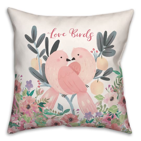 Two Love Birds And Flowers 16&#x22; x 16&#x22; Throw Pillow